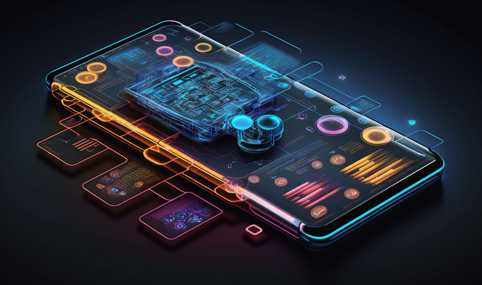 Isometric mobile phone displaying analysis data and graph, reflecting the concept of coding, testing, and cross-platform development for business